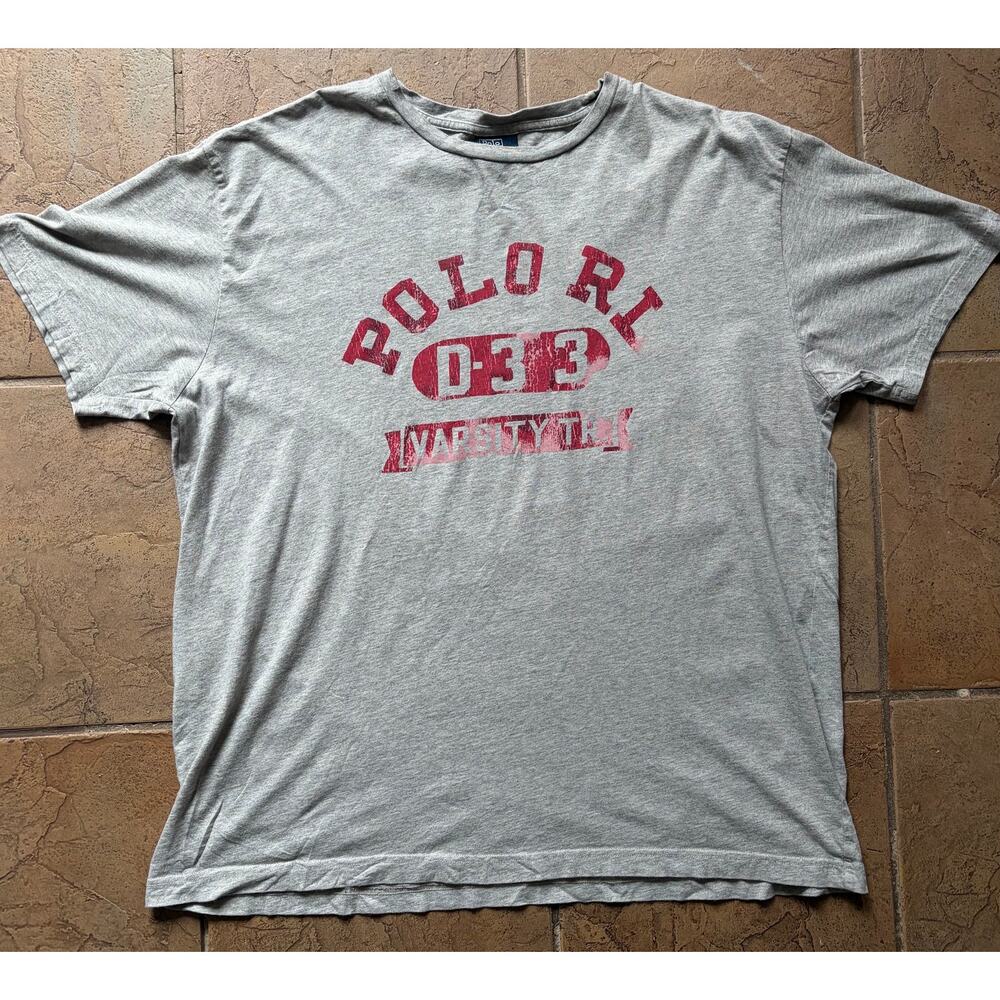 Vintage Polo Ralph Lauren Varsity T Shirt Gray Distressed Red Spellout Tee XL
